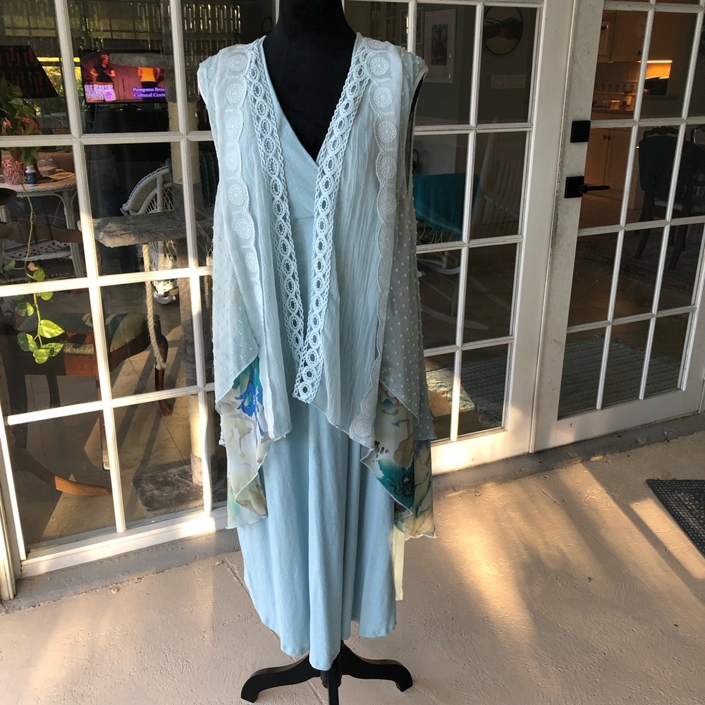 Soft Surroundings light blue flowing dress with Sea Breeze Aqua Topper